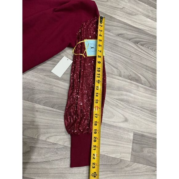 CeCe Burgundy Mock Neck Sequin Sleeve Knit Top Blouse - Picture 9 of 11
